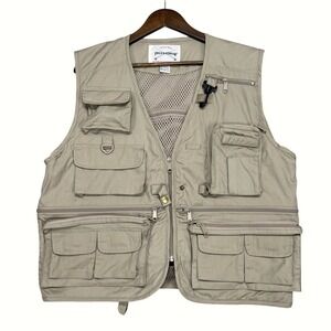 Vintage Field & Stream Mens Khaki Fishing Vest Authentic Outdoor Utility Size L